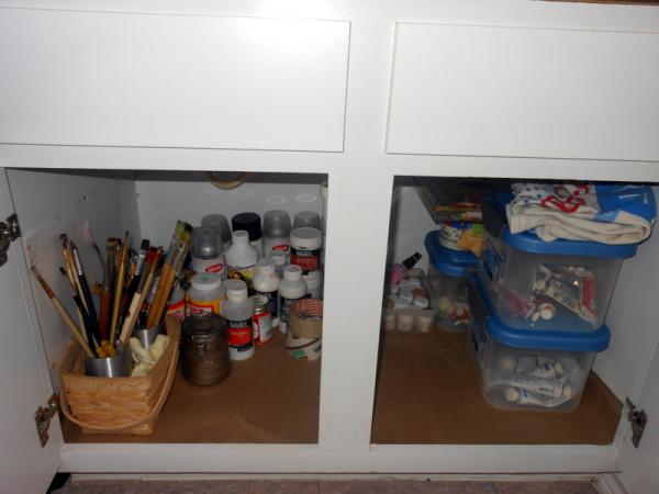 Art supplies under the sink in the bathroom....shhhh my son doesn't know about it yet..