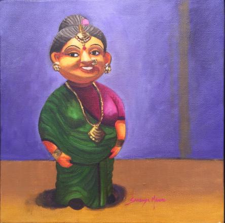 HAPPY LADY  ©SandhyaManne,Oils on Canvas 10X10 Inches