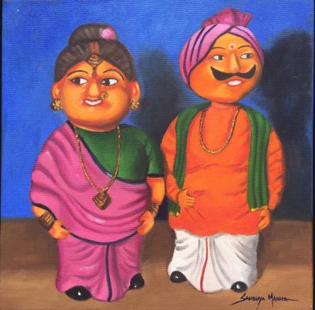 HAPPY COUPLE  ©SandhyaManne,Oils on Canvas 12X12 Inches