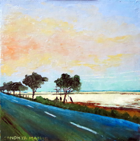 "Drive by the water"  6x6 inches, Oils on Panel.....©sandhyamanne