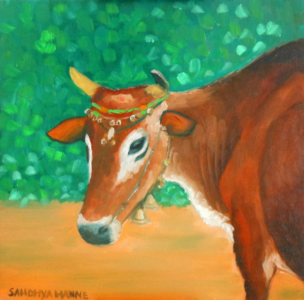 "The Holy Cow"...6x6 inches, Oils on Panel.....©sandhyamanne