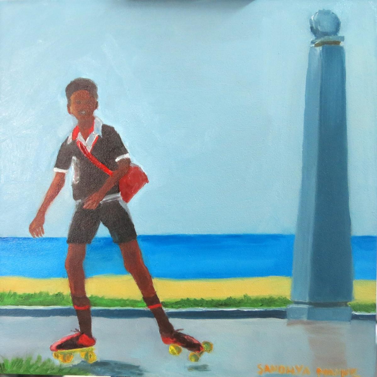 "Yellow Skates" 6x6 inches, Oils on Panel ©sandhyamanne